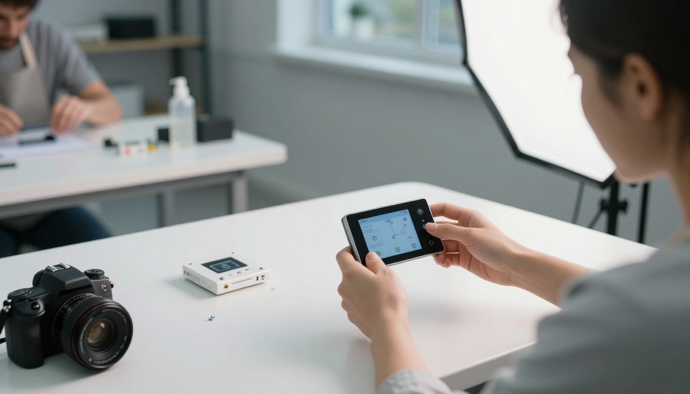A technician photographs a disassembled thermostat on a white bench for a documentation page A technician photographs a disassembled thermostat on a white bench for a documentation page