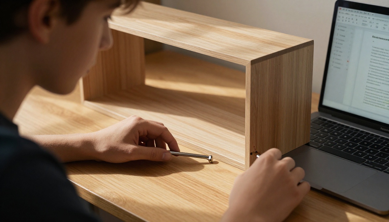A teenager assembles a flat pack bookshelf with a hex key while a laptop shows the instructions A teenager assembles a flat pack bookshelf with a hex key while a laptop shows the instructions