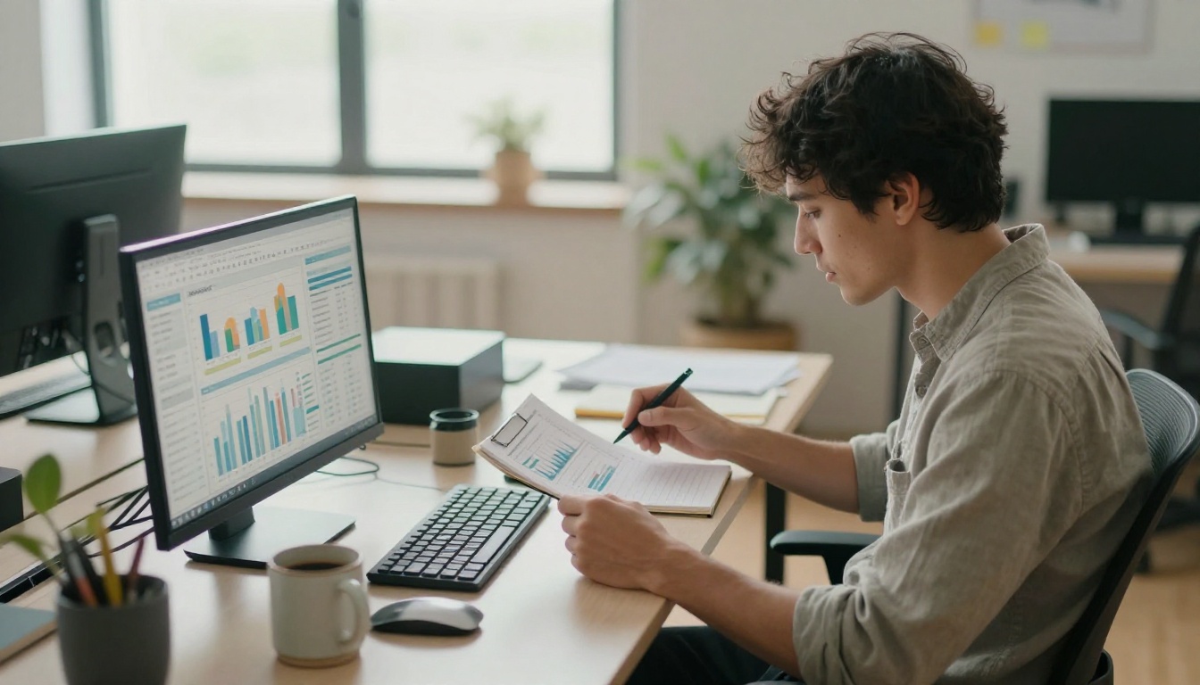 A small business owner reviews reader analytics on a monitor beside printed charts A small business owner reviews reader analytics on a monitor beside printed charts
