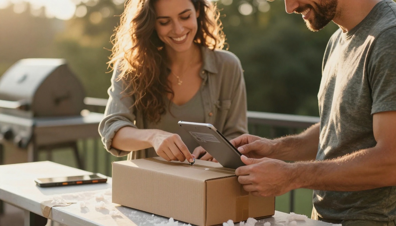 A couple unboxes an outdoor grill on a balcony with a tablet manual A couple unboxes an outdoor grill on a balcony with a tablet manual