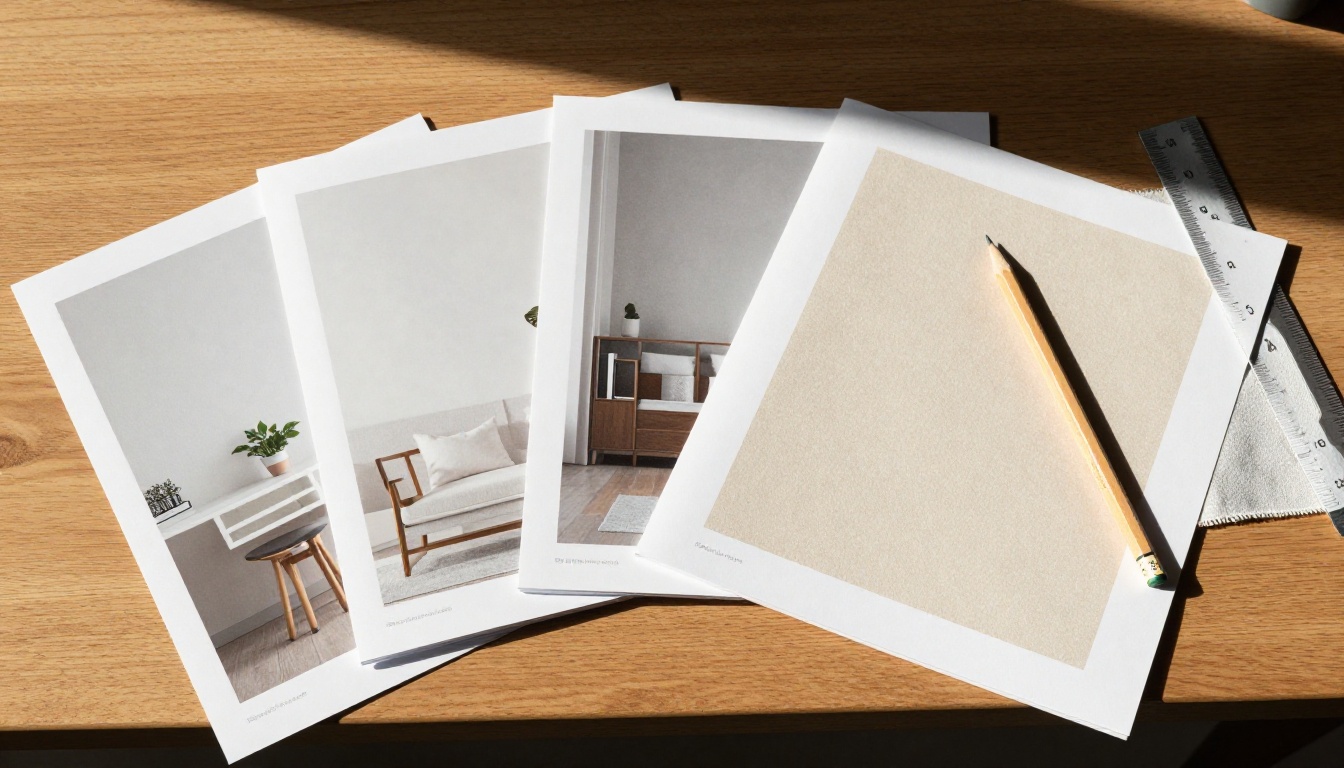 Designer desk with printed catalog spreads fanned out