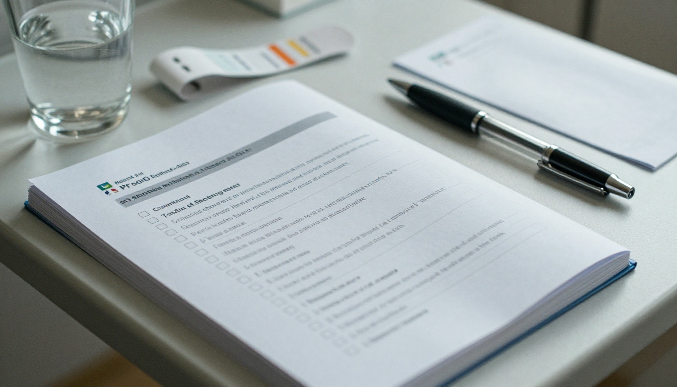 Surgery booklet checklist open on a bedside table