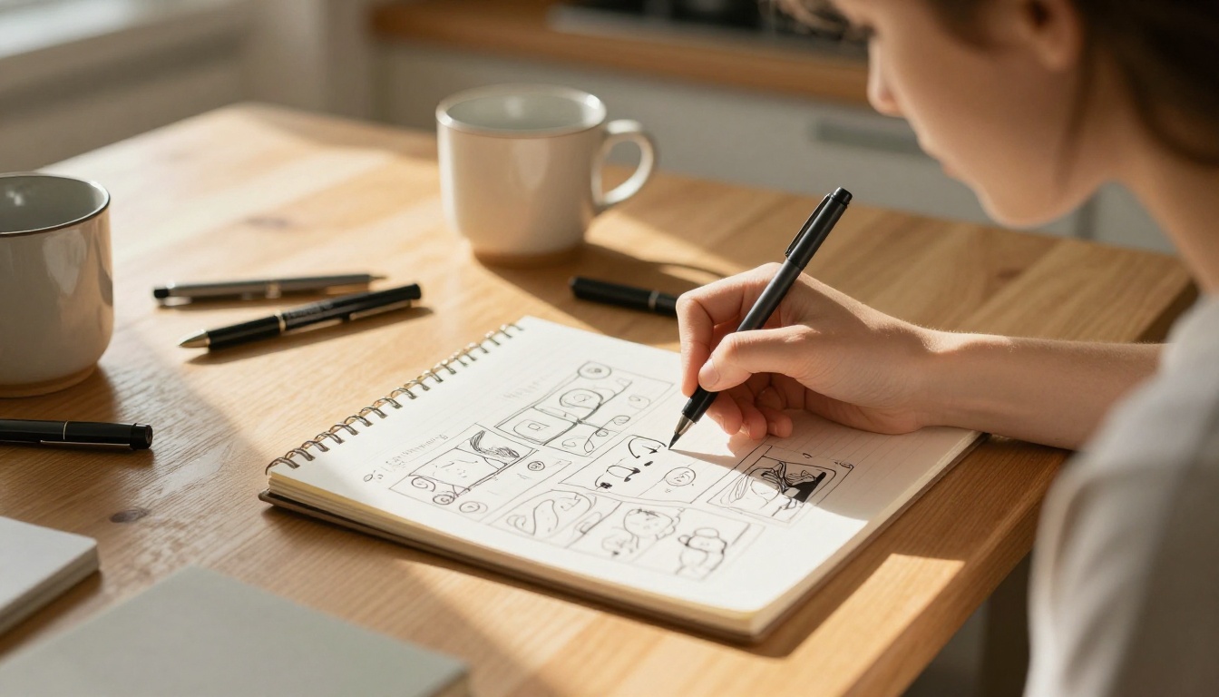 A woman sketching a diary comic at a kitchen table