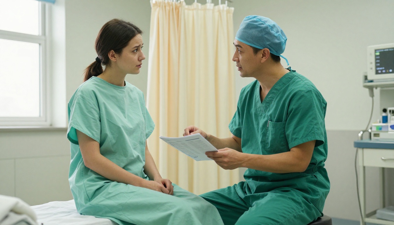 Surgeon explaining a printed booklet to a patient before an operation