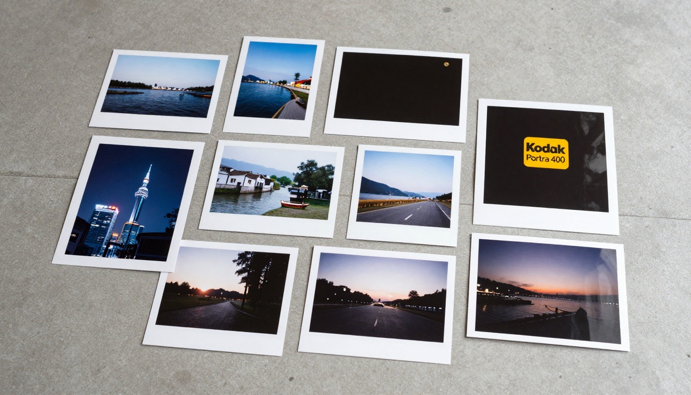 Flat-lay of printed photographs and film negatives