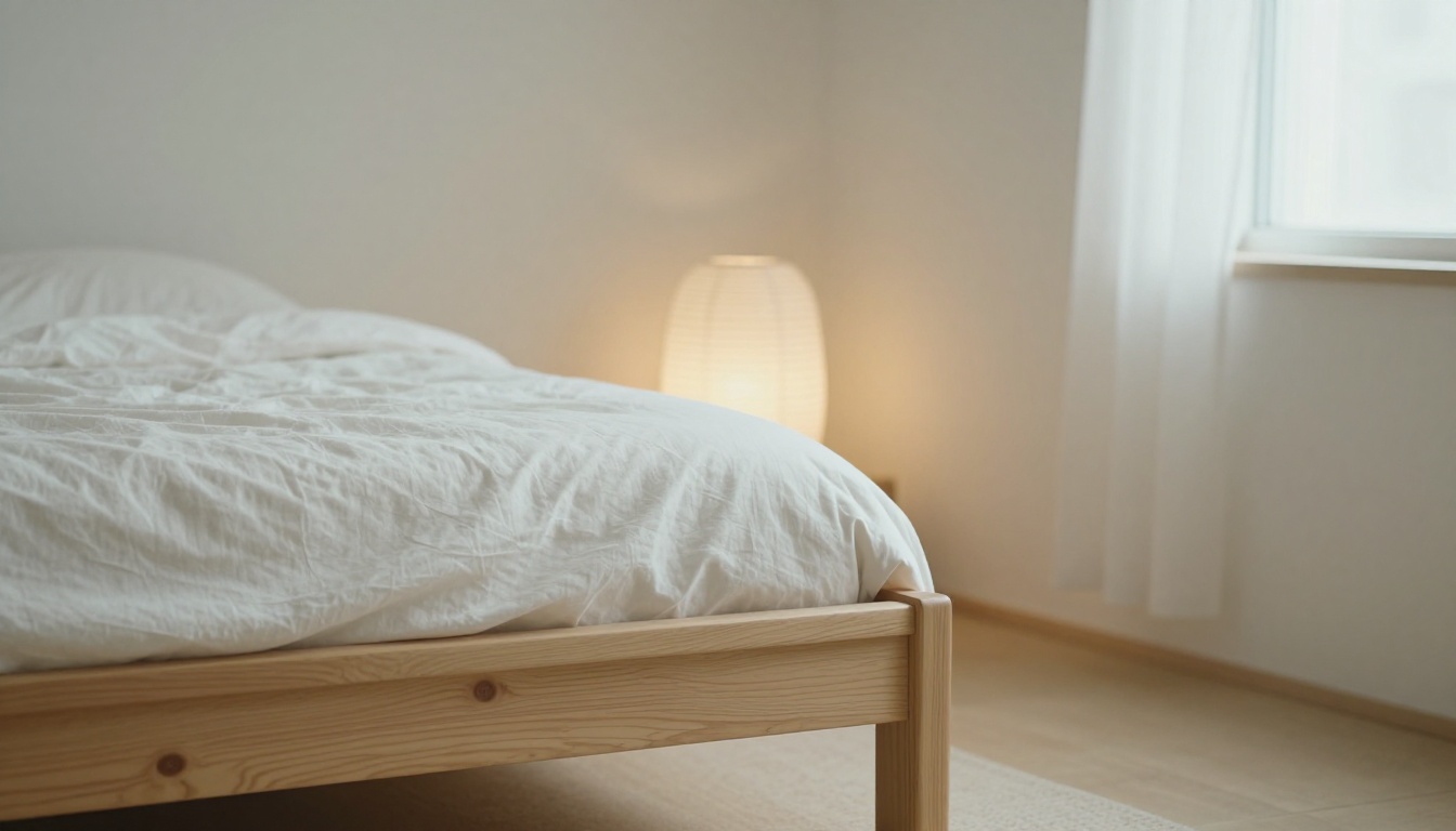 Minimalist bedroom corner with natural pine bed frame