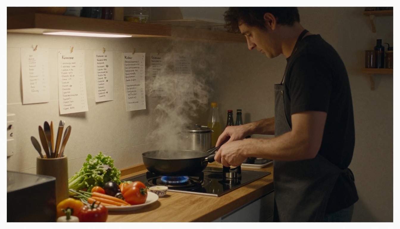 A man cooking in a kitchen with handwritten recipe cards