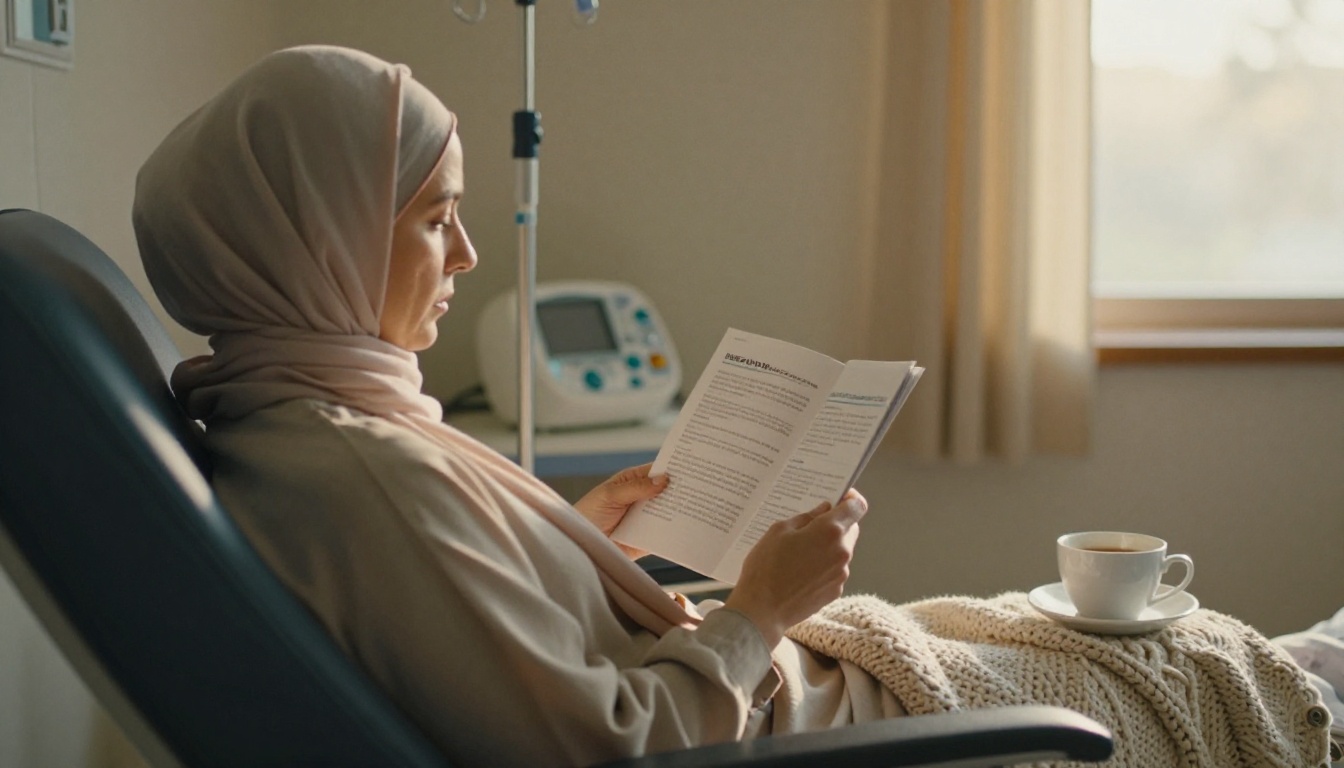 Patient reading a booklet during a chemotherapy infusion