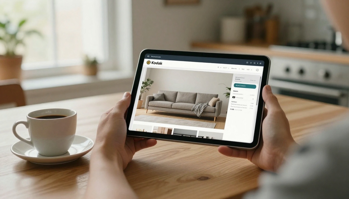 Digital furniture catalog viewed on a tablet at a kitchen table
