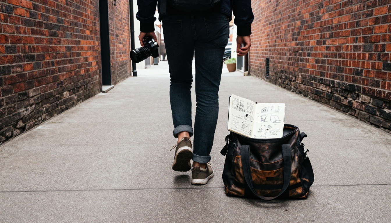 A traveler walking an urban trail with a notebook and camera