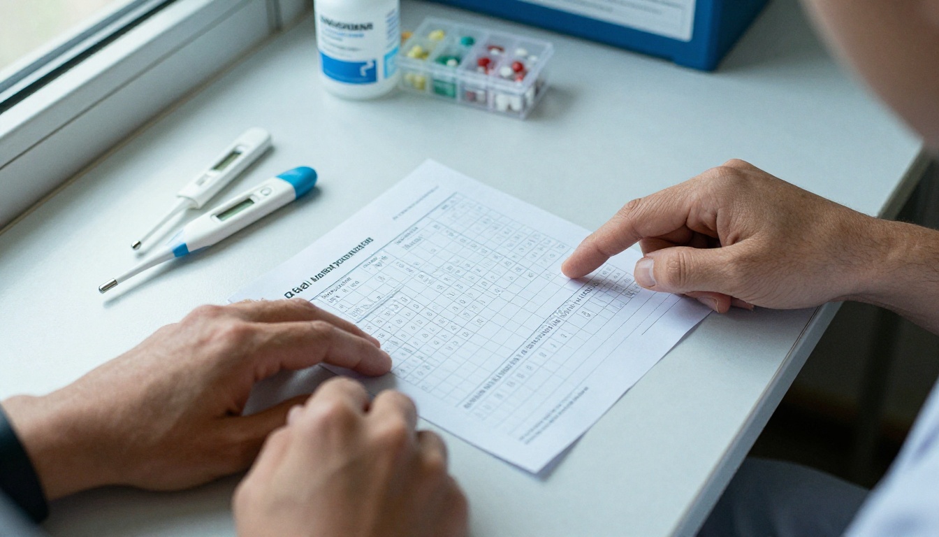 Nurse and patient reviewing a medication schedule table
