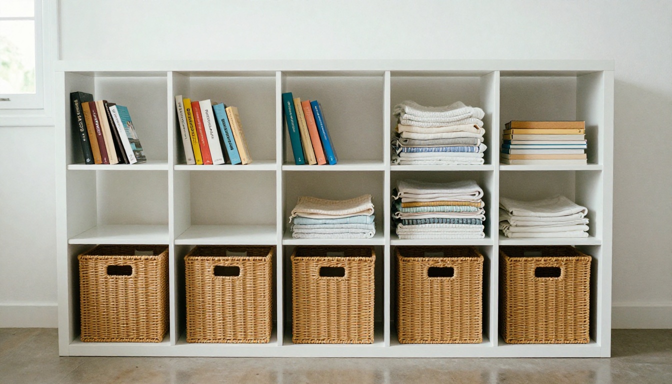 White modular storage wall with open cubes