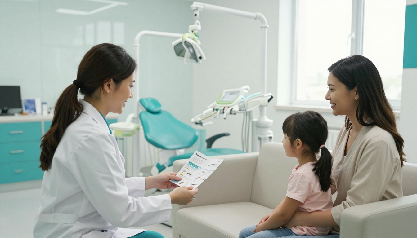 Hygienist handing a dental brochure to a mother and child