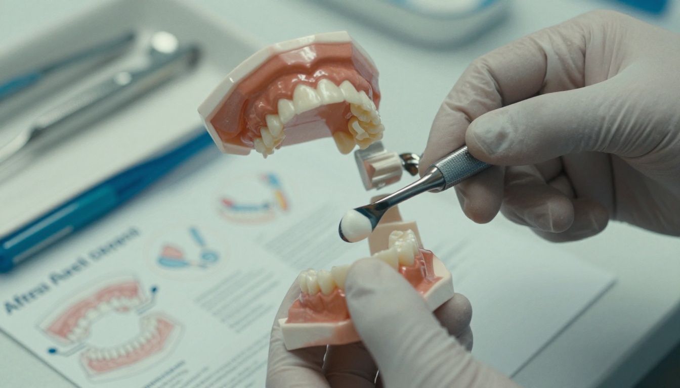 Dentist holding an aftercare leaflet and tooth model