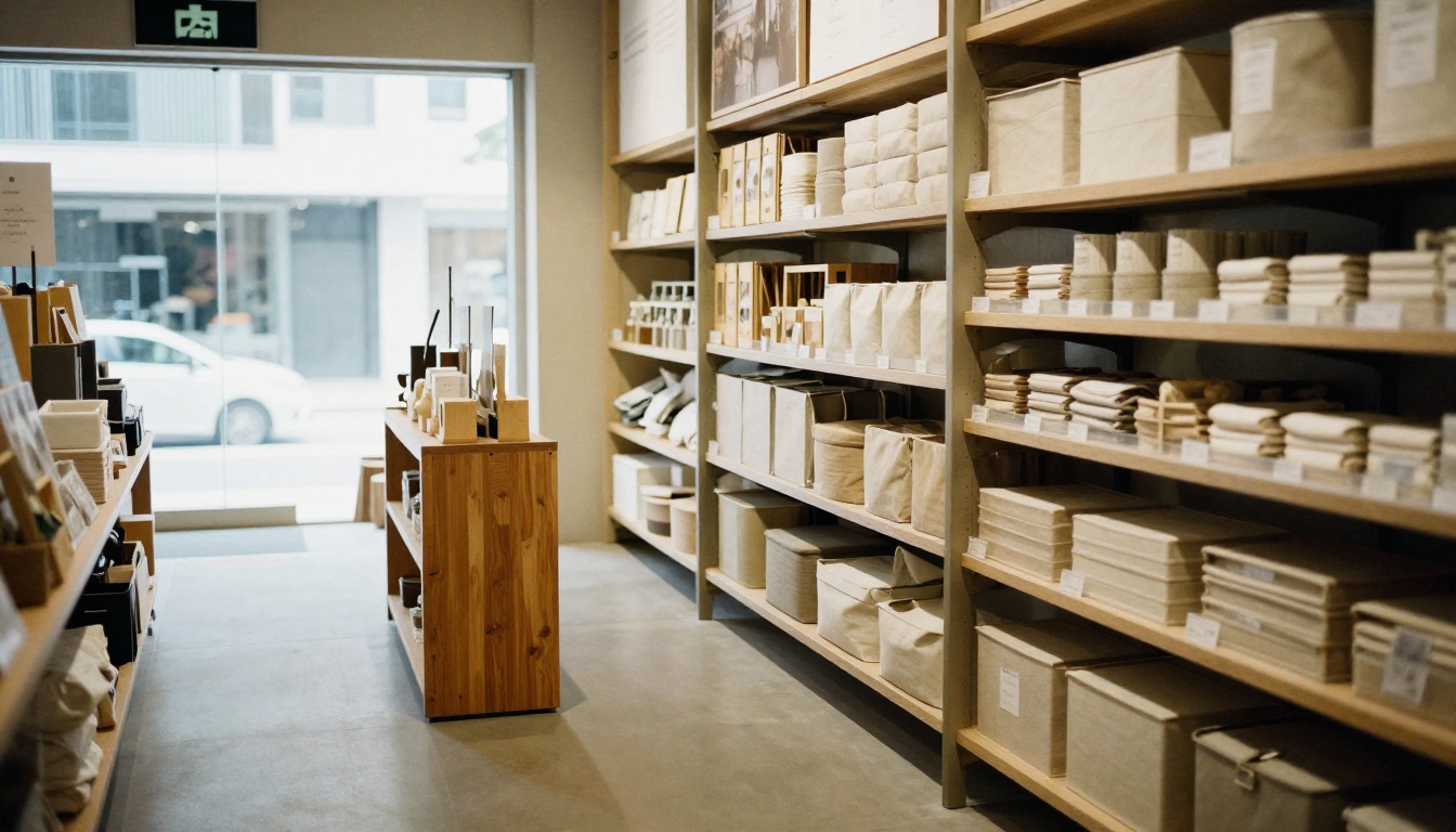 Calm retail interior with low shelves of neutral home goods