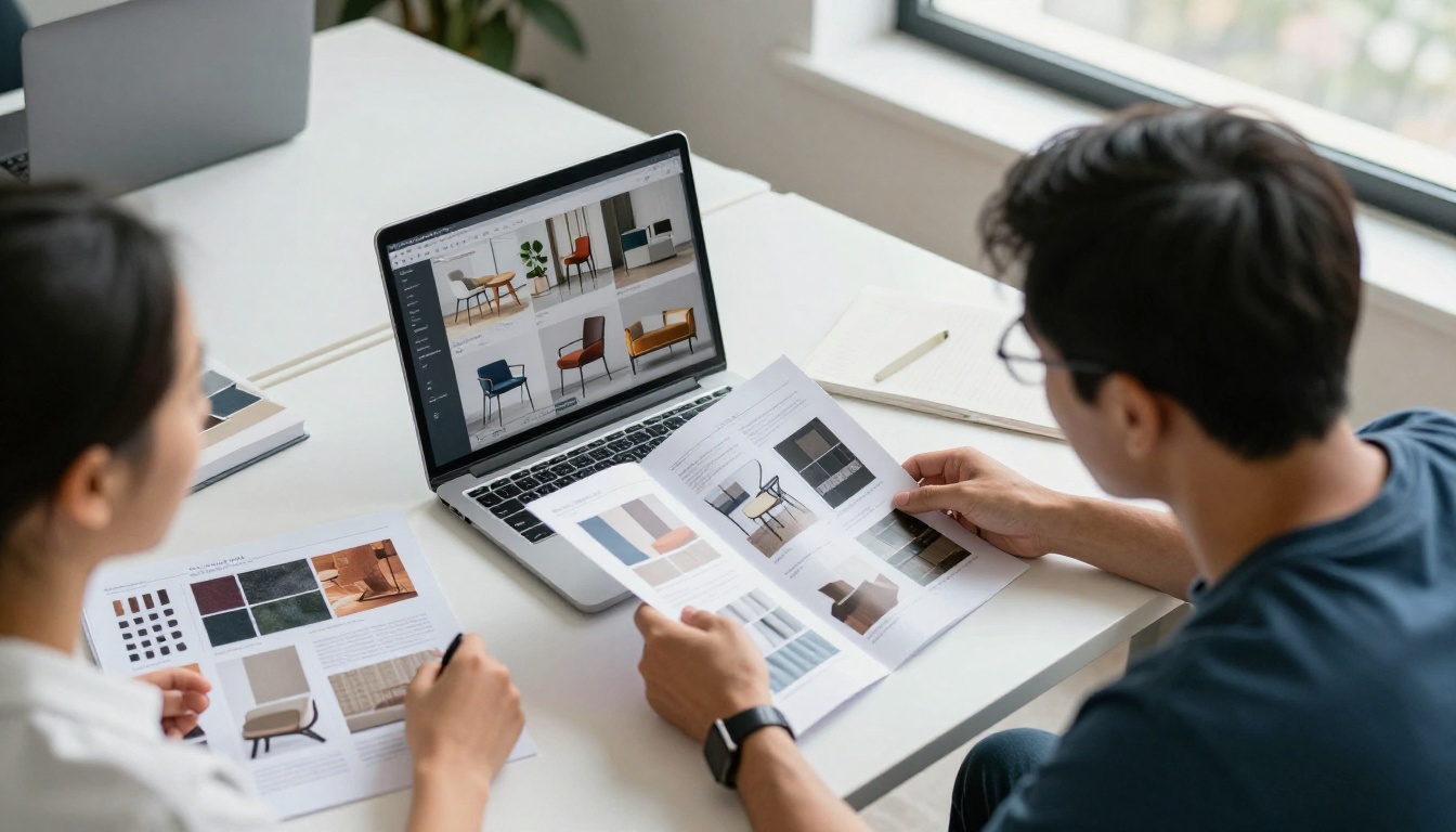 Colleagues reviewing furniture catalog proofs on a laptop