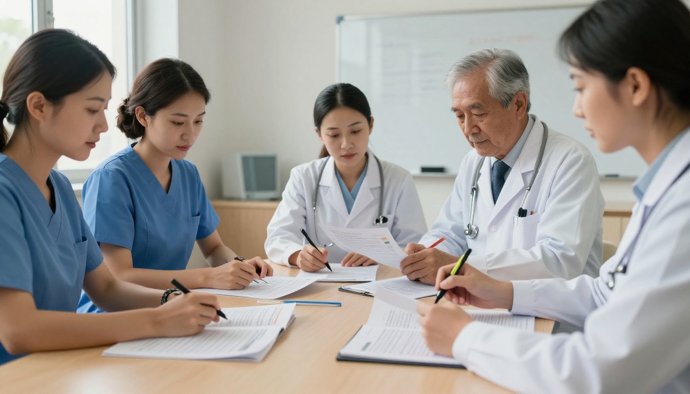 Healthcare staff reviewing booklet drafts together