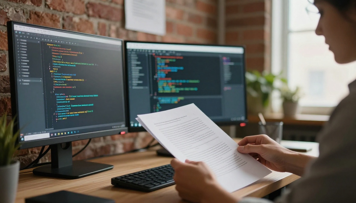 Software engineer reading a printed technical white paper at a standing desk