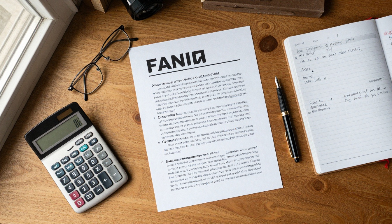 Overhead view of a desk with a printed finance white paper, calculator and notes
