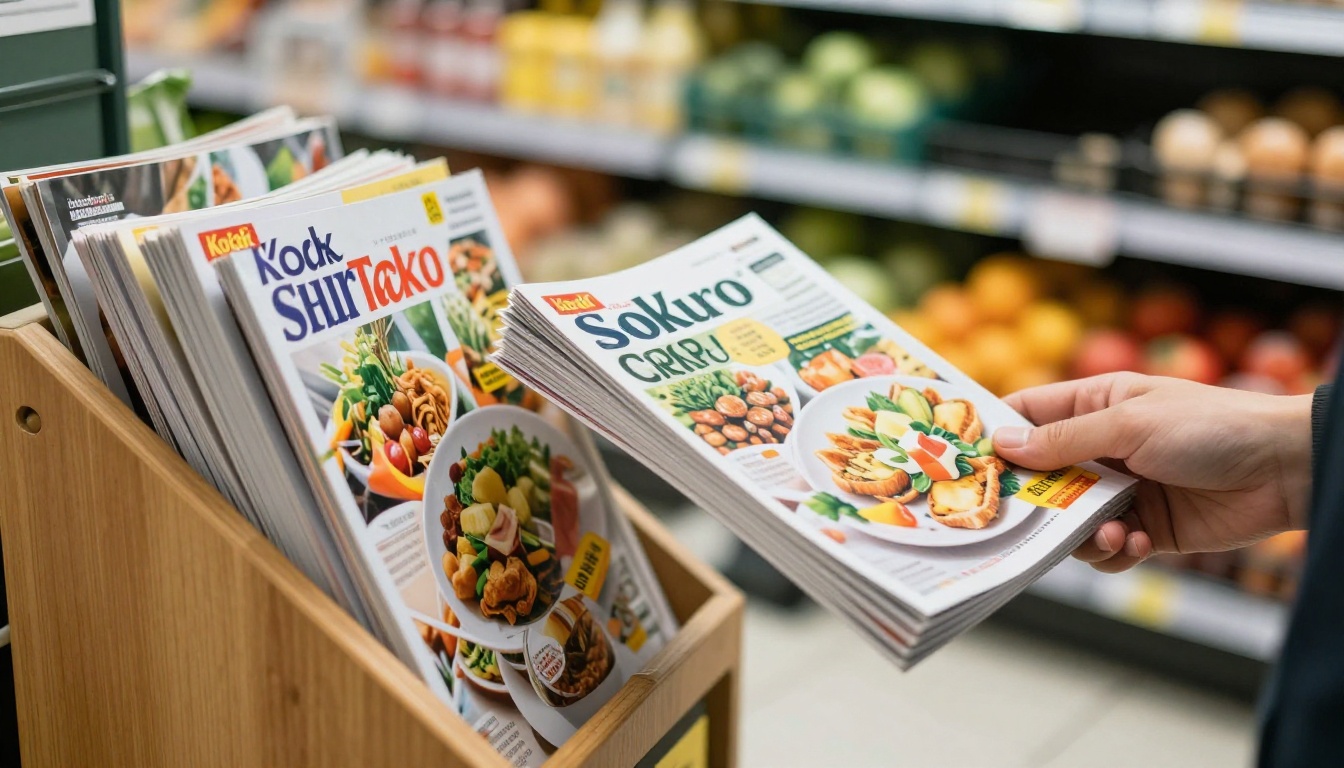 Supermarket magazine rack with free recipe titles