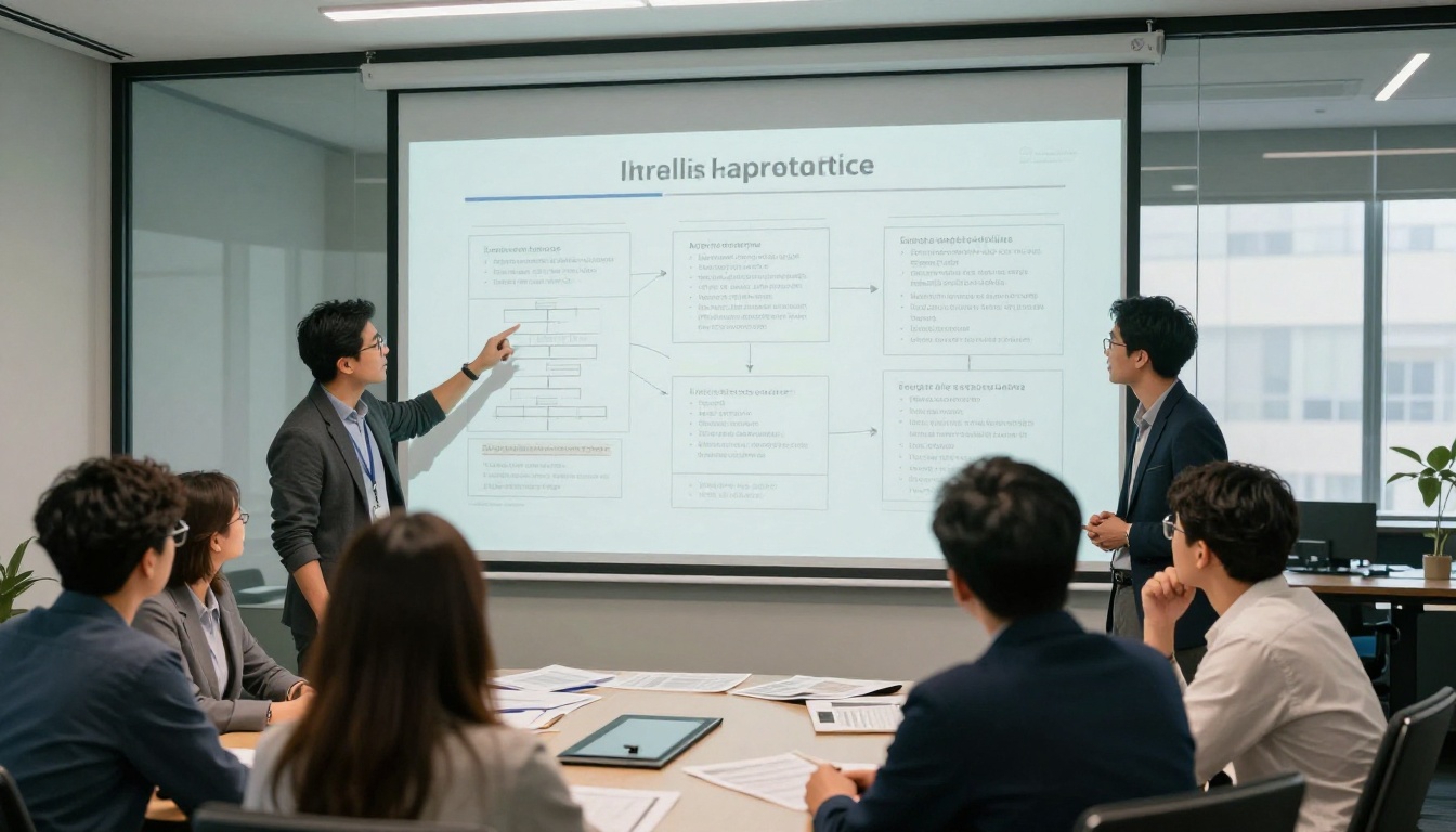 Marketing team reviewing a white paper layout in a glass meeting room
