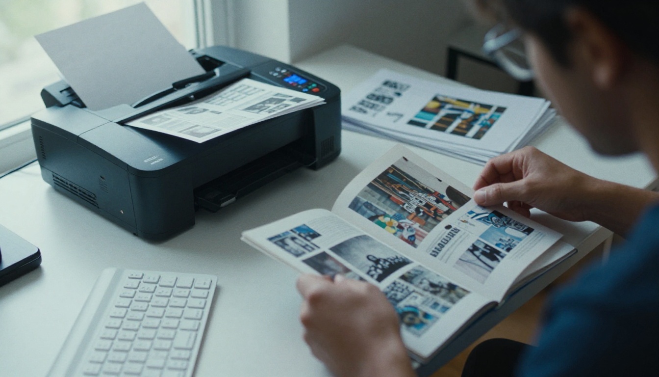 A person arranging zine pages on a laptop