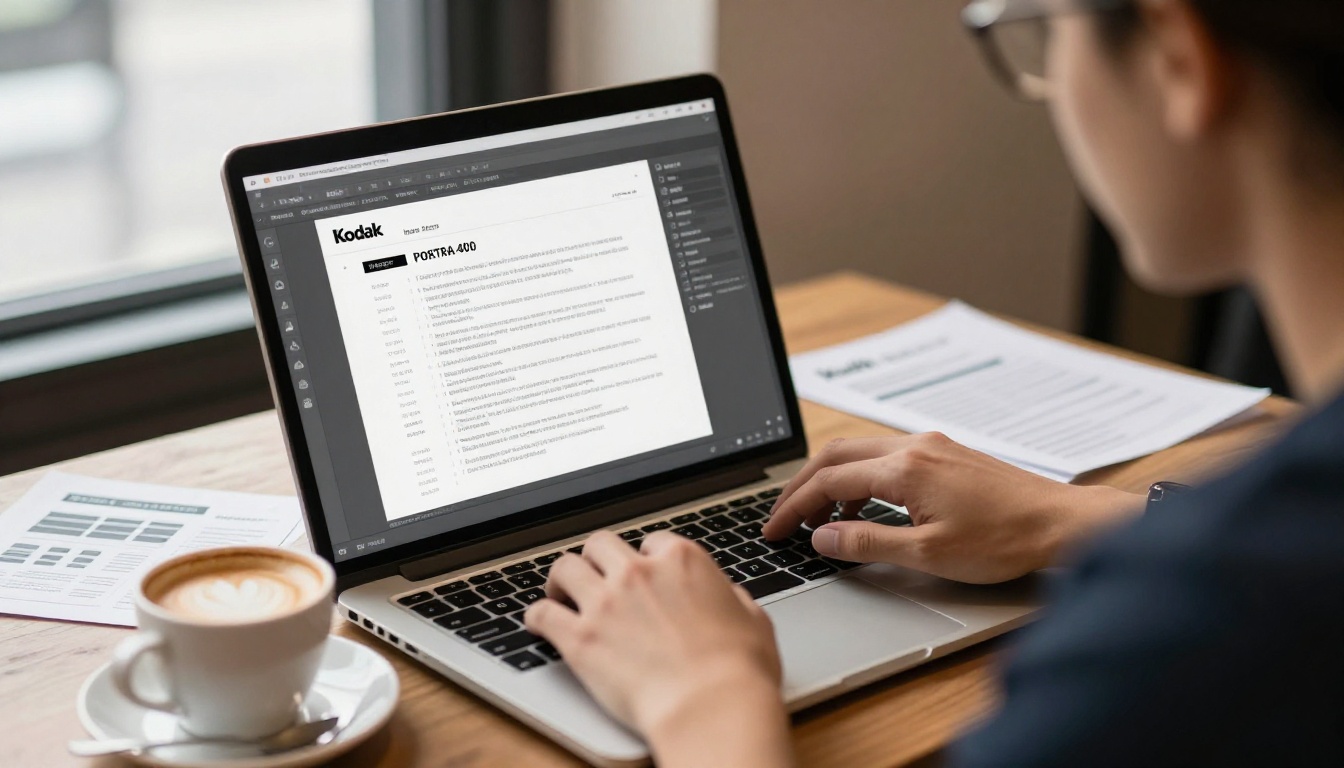 Designer editing a document layout on a laptop beside printed proofs