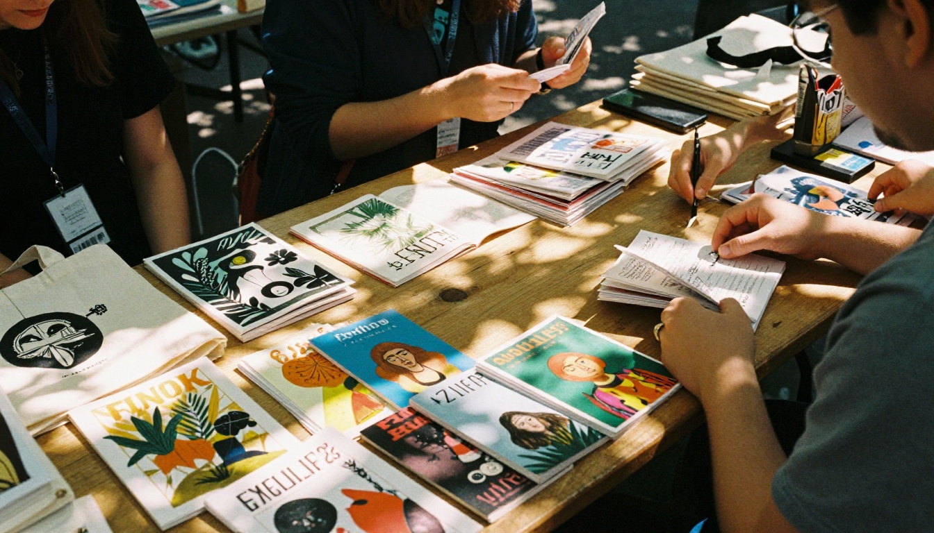Group of friends swapping handmade zines at a market stall