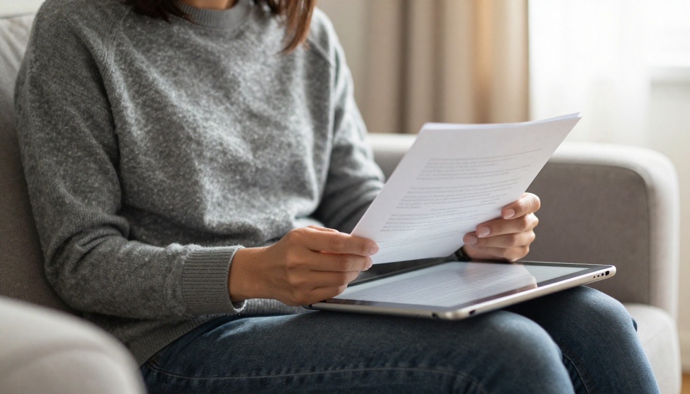 Reader viewing a document on a tablet in a bright living room