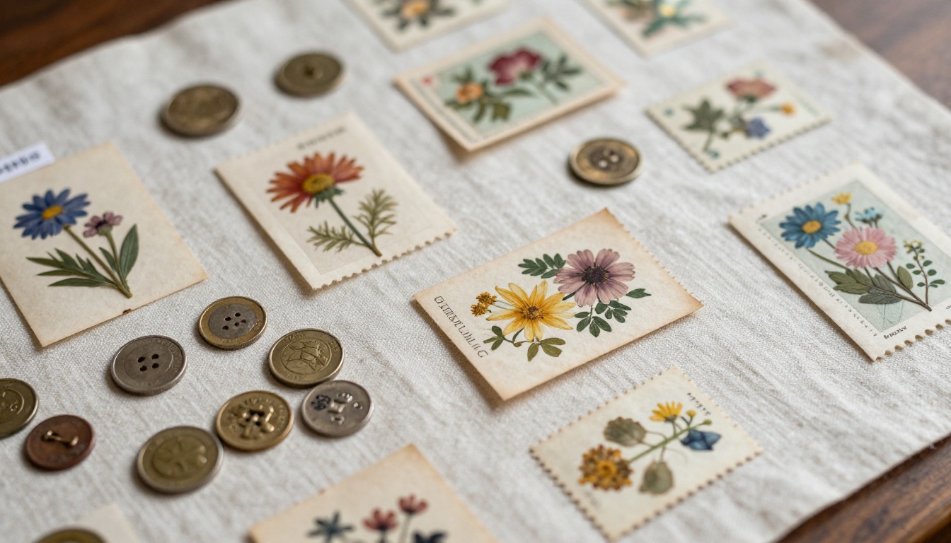 Top-down view of stamps, pressed flowers and buttons with labels