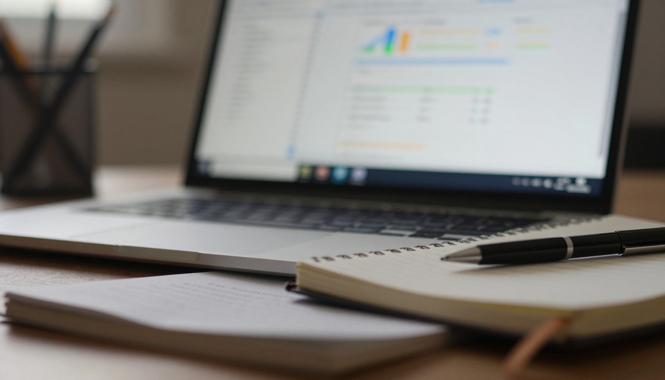 Laptop with a blurred dashboard and notebook in the foreground