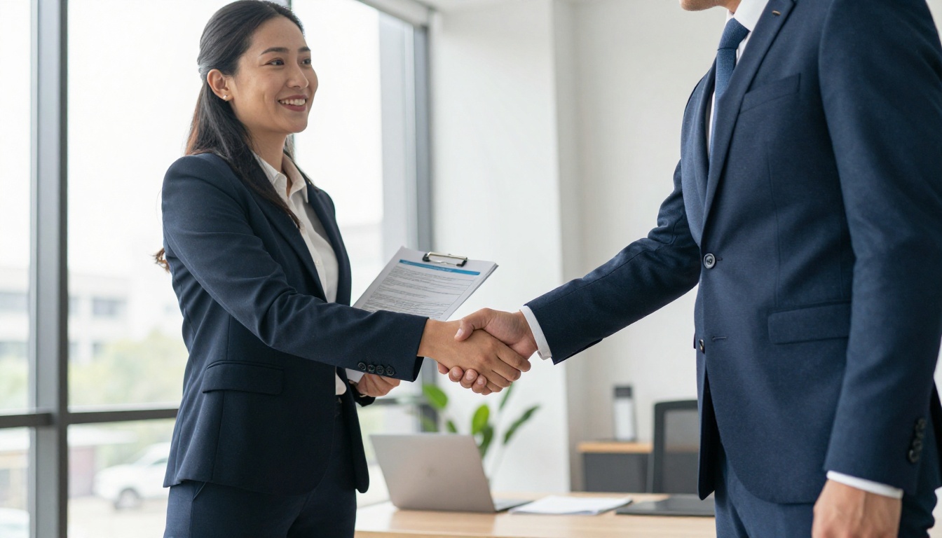 Two colleagues shaking hands in a bright lobby holding printed reports