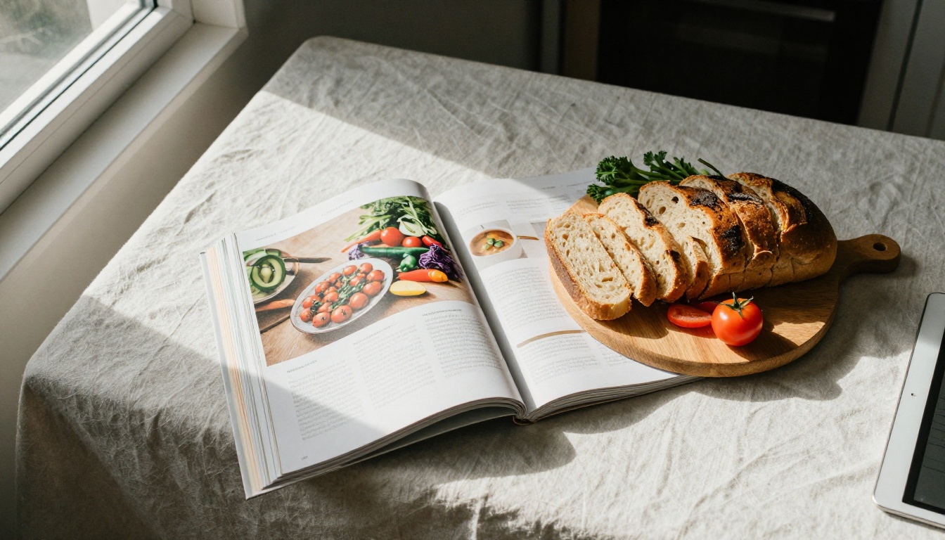 Recipe magazine spread on a kitchen island with fresh vegetables