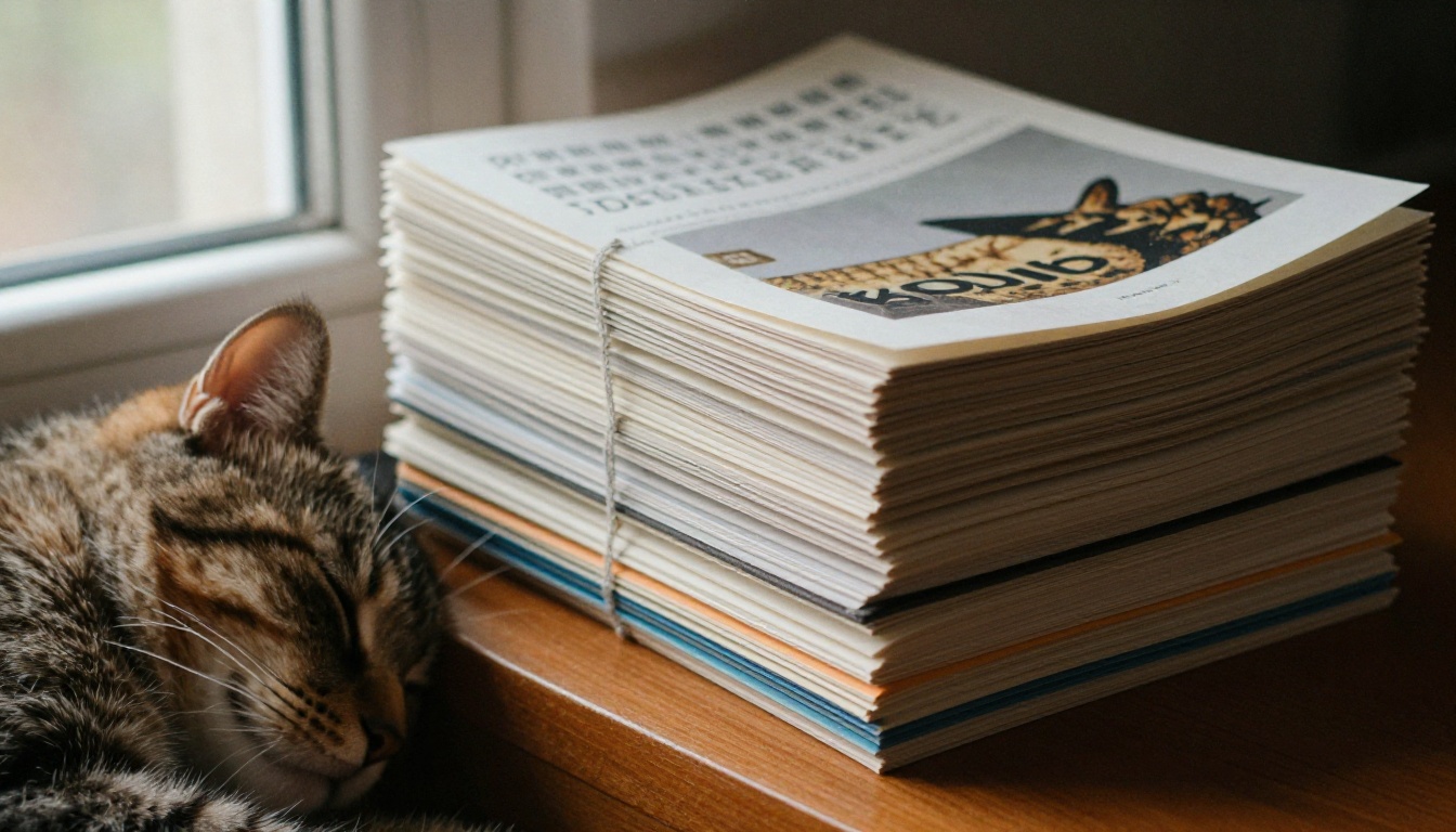 Mini zines stacked on a shelf beside a sleeping cat
