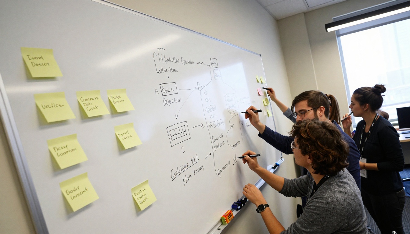 Whiteboard planning session with sticky notes and an outline