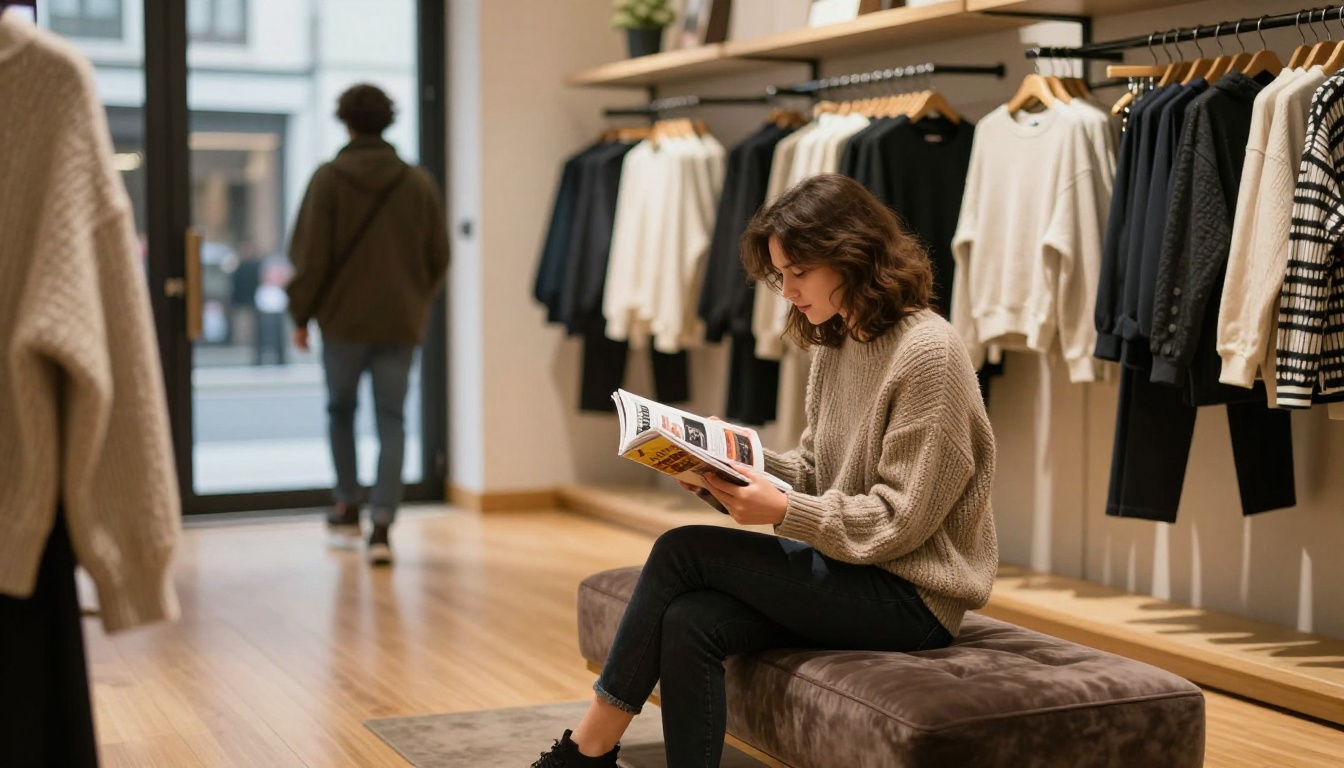Reader in a retail boutique looking through a brand magazine