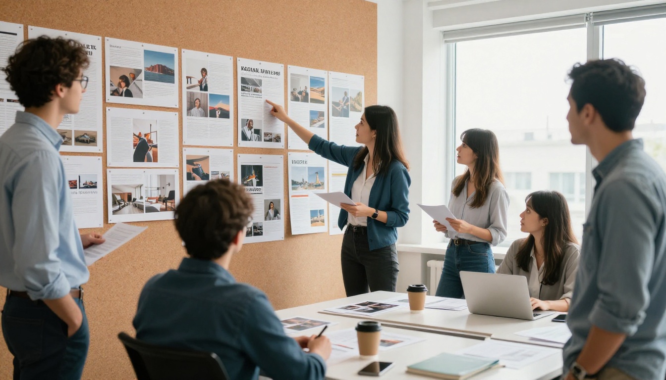 Marketing team reviewing printed magazine proofs on an office wall