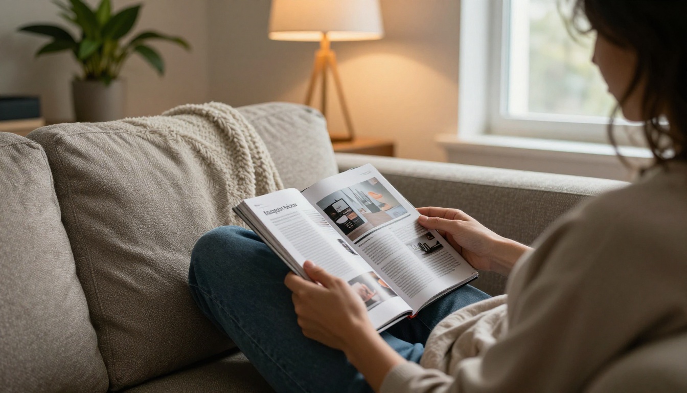 Person reading a digital magazine on a tablet in a living room