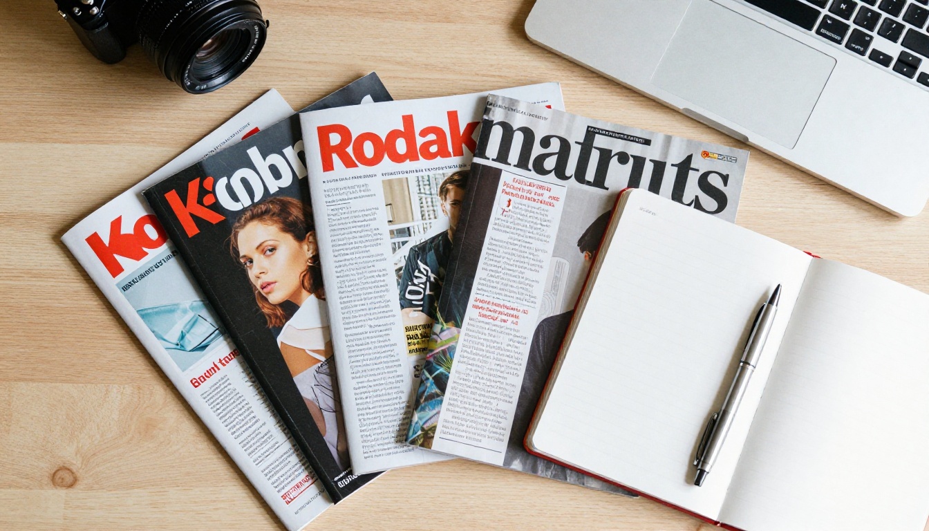 Flat lay of several different brand magazines on an oak desk