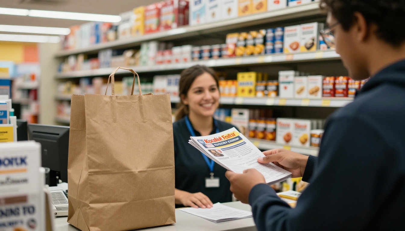 Customer at a store counter receiving a brand magazine