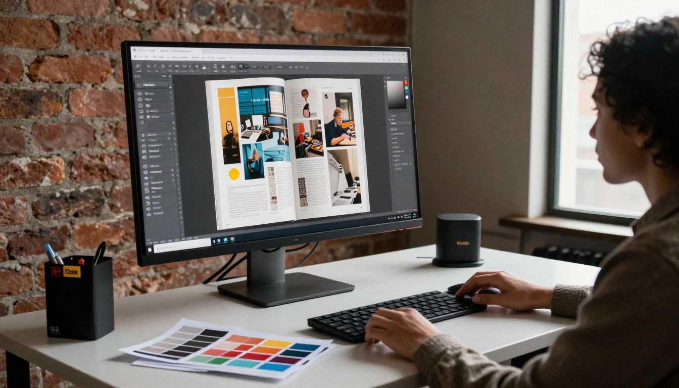 Designer working on a magazine layout at a standing desk