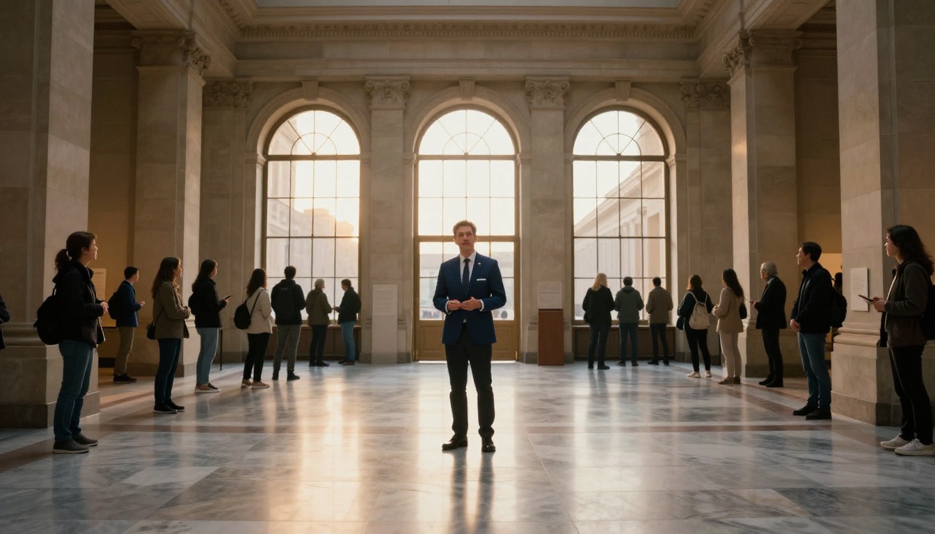 A museum docent in a navy blazer greeting visitors in a stone gallery hall A museum docent in a navy blazer greeting visitors in a stone gallery hall