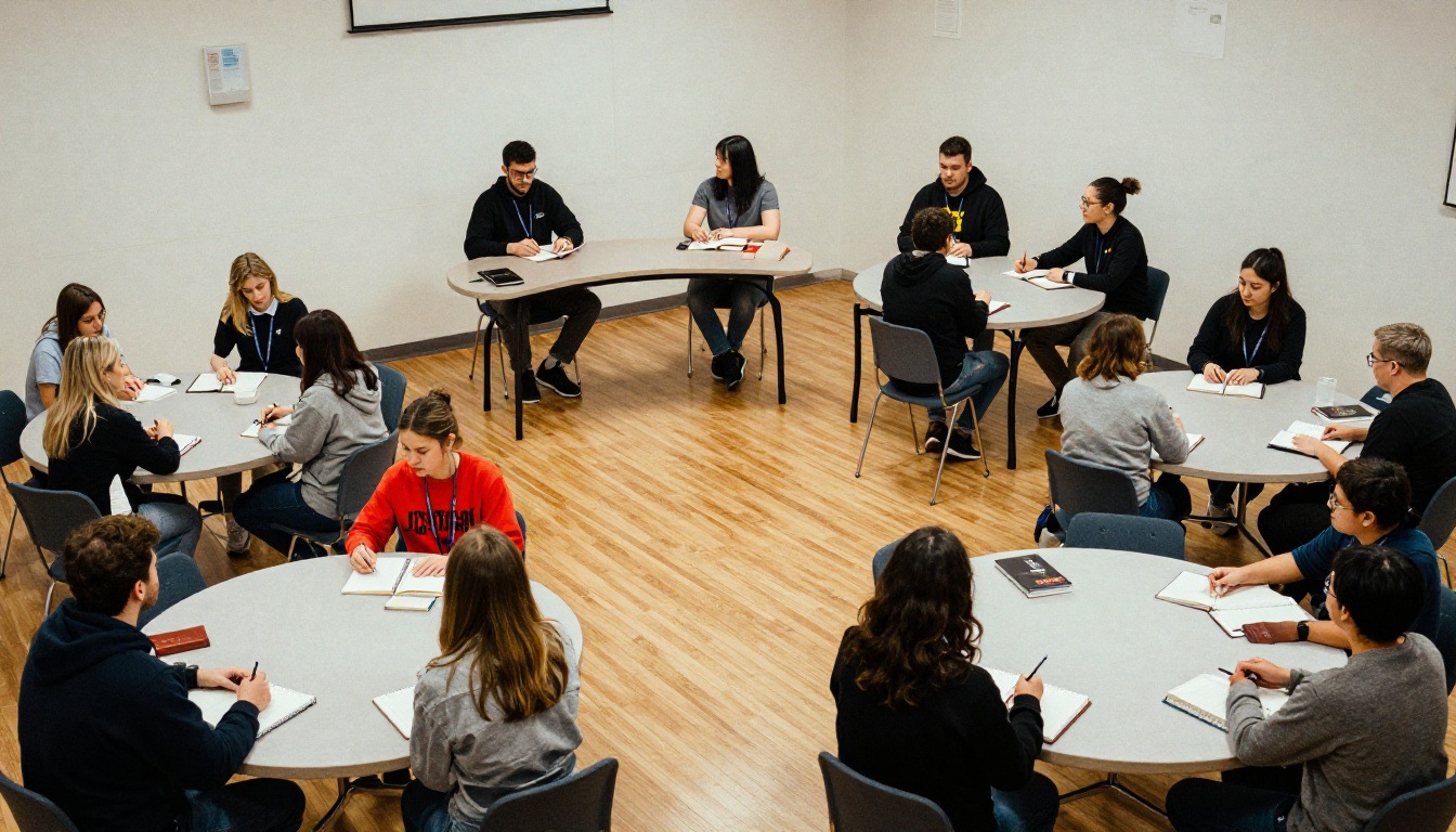 A volunteer orientation session with attendees seated at round tables A volunteer orientation session with attendees seated at round tables