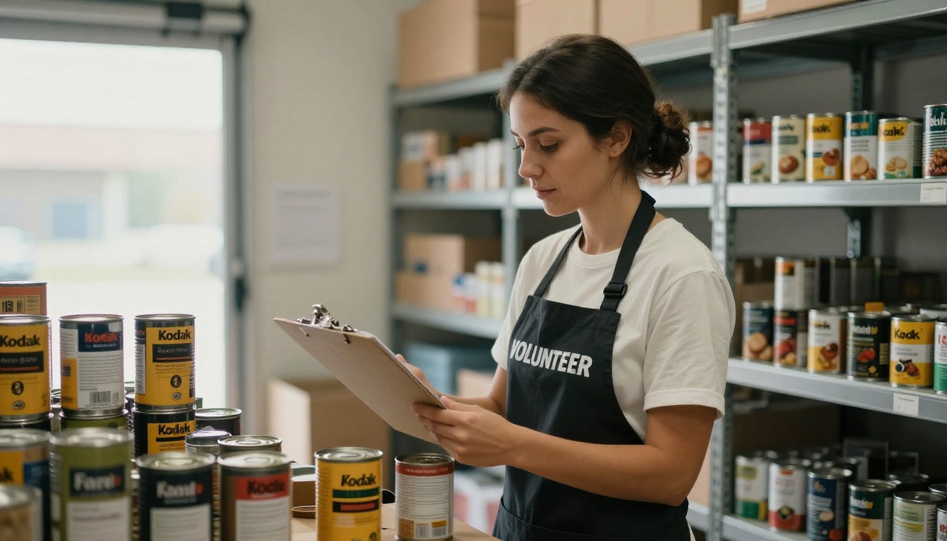 A woman in a volunteer apron sorting canned goods on warehouse shelves A woman in a volunteer apron sorting canned goods on warehouse shelves