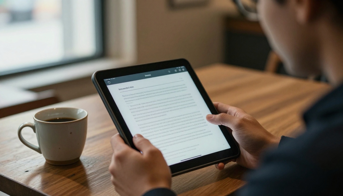 A volunteer reading a digital handbook on a tablet in a museum café A volunteer reading a digital handbook on a tablet in a museum café
