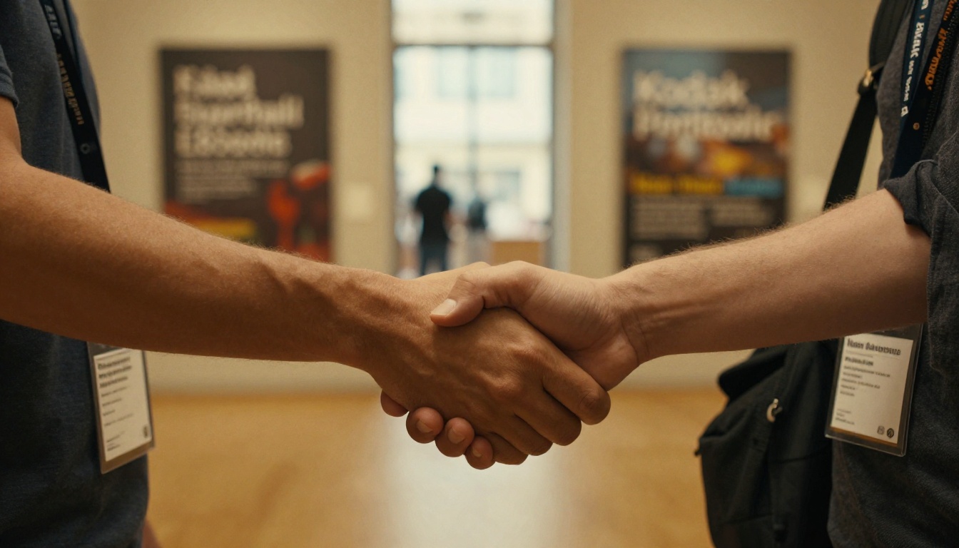 Two volunteers shaking hands in a museum lobby Two volunteers shaking hands in a museum lobby