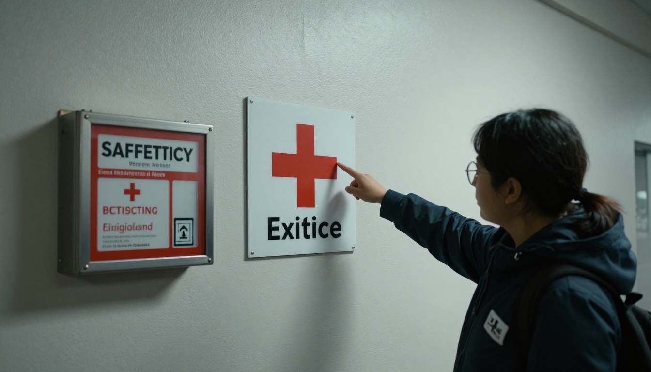 A volunteer pointing out a first aid kit and exit sign to a new teammate A volunteer pointing out a first aid kit and exit sign to a new teammate