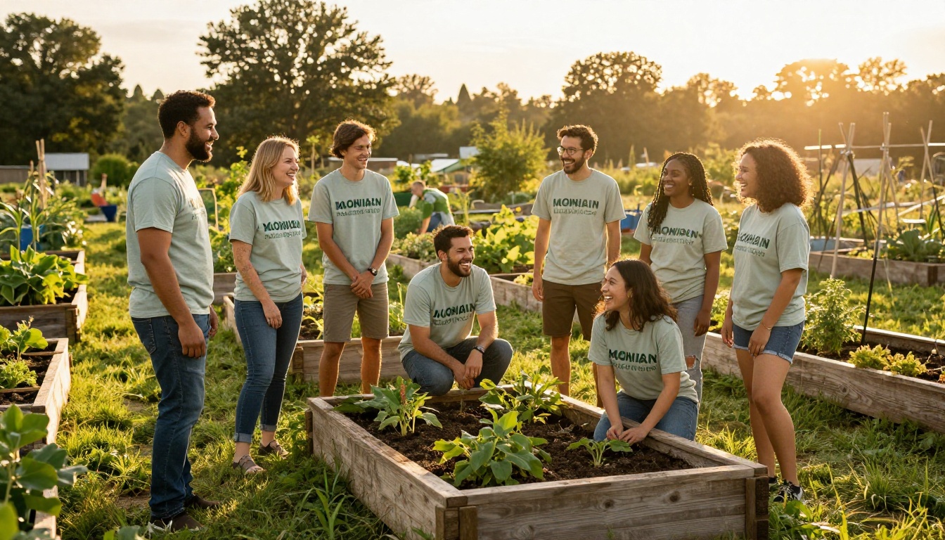 Diverse volunteers laughing together in a community garden at golden hour Diverse volunteers laughing together in a community garden at golden hour