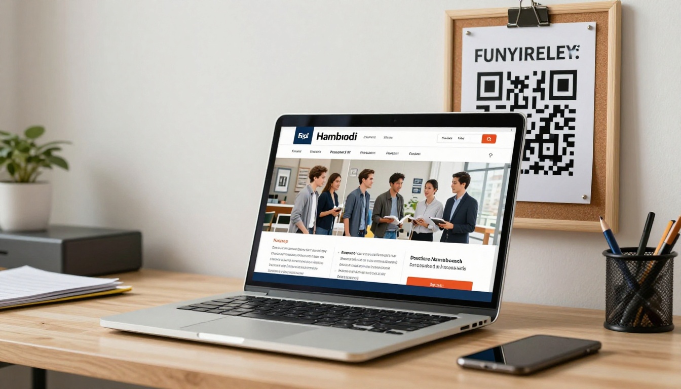 A laptop showing an online flipbook handbook next to a corkboard with a QR code poster A laptop showing an online flipbook handbook next to a corkboard with a QR code poster