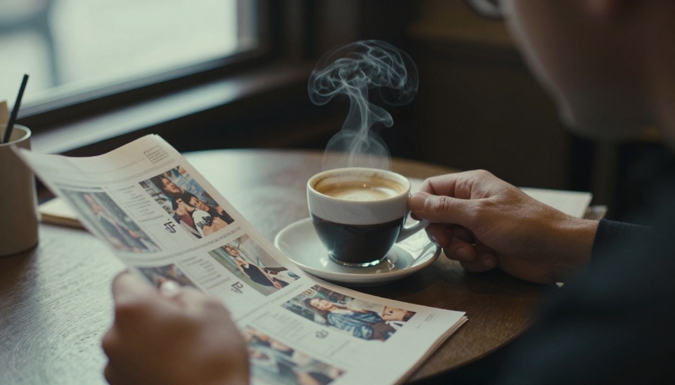 Director reviewing a printed film lookbook at a cafe table